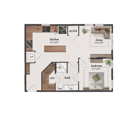 Floor plan for 1 bed, 1 bath, 690 sqft